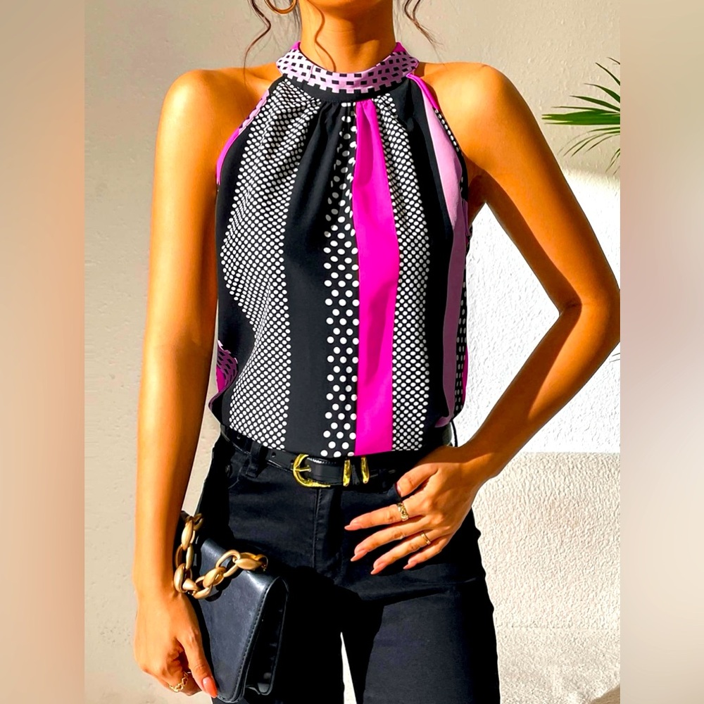 WDIRARA Women's Polka Dots Sleeveless Keyhole Back Halter Neck Blouse Tops XL